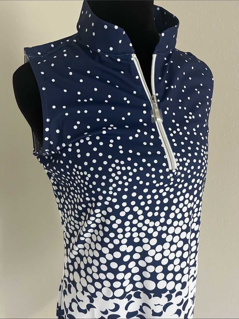 Navy and White Sleeveless Polka-Print Zip Polo Golf Dress - Picture 5 of 8